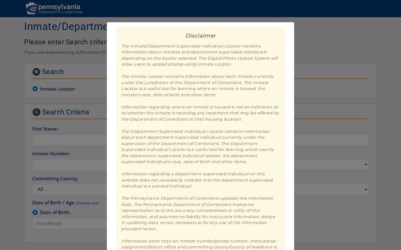 PA DOC search modes for Lebanon County released inmates